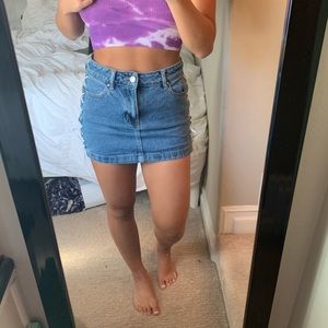 Denim mini skirt with ties on side